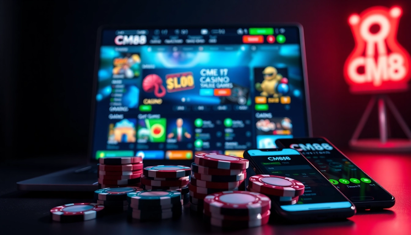 Engaging CM88 online gambling platform interface showcasing sports and casino games in a vibrant, tech-savvy atmosphere.