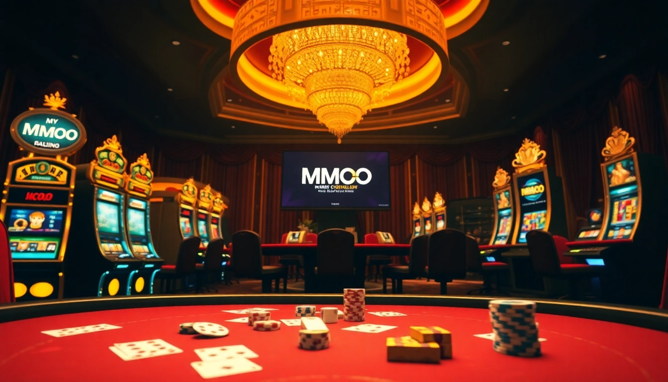 Experience thrilling gaming at MMOO with vibrant casino elements like poker chips and slot machines.