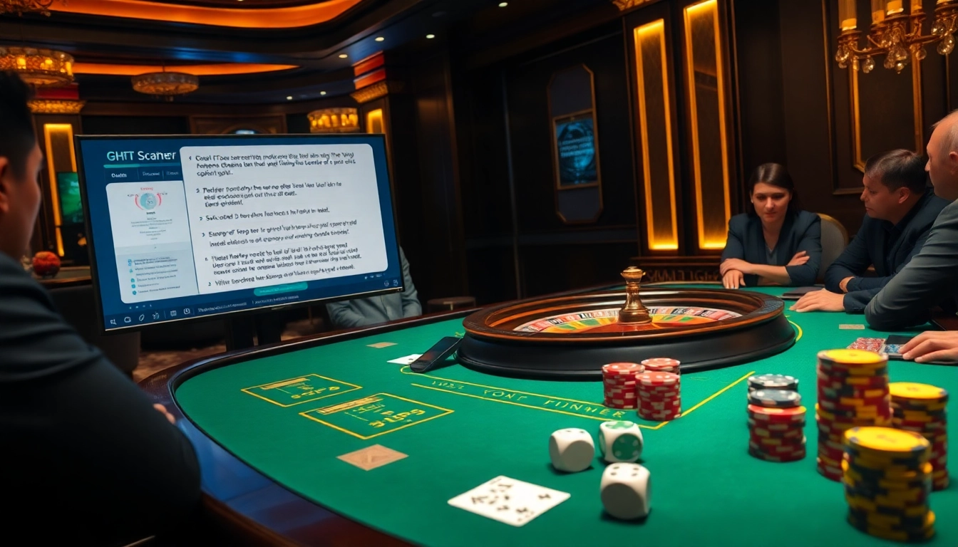 Evaluate AI content quality with the Chat GPT Scanner amidst a vibrant casino scene.