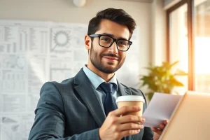 Headhunter Ingenieure berät in einem modernen Büro, umgeben von Lebensläufen und Plänen.