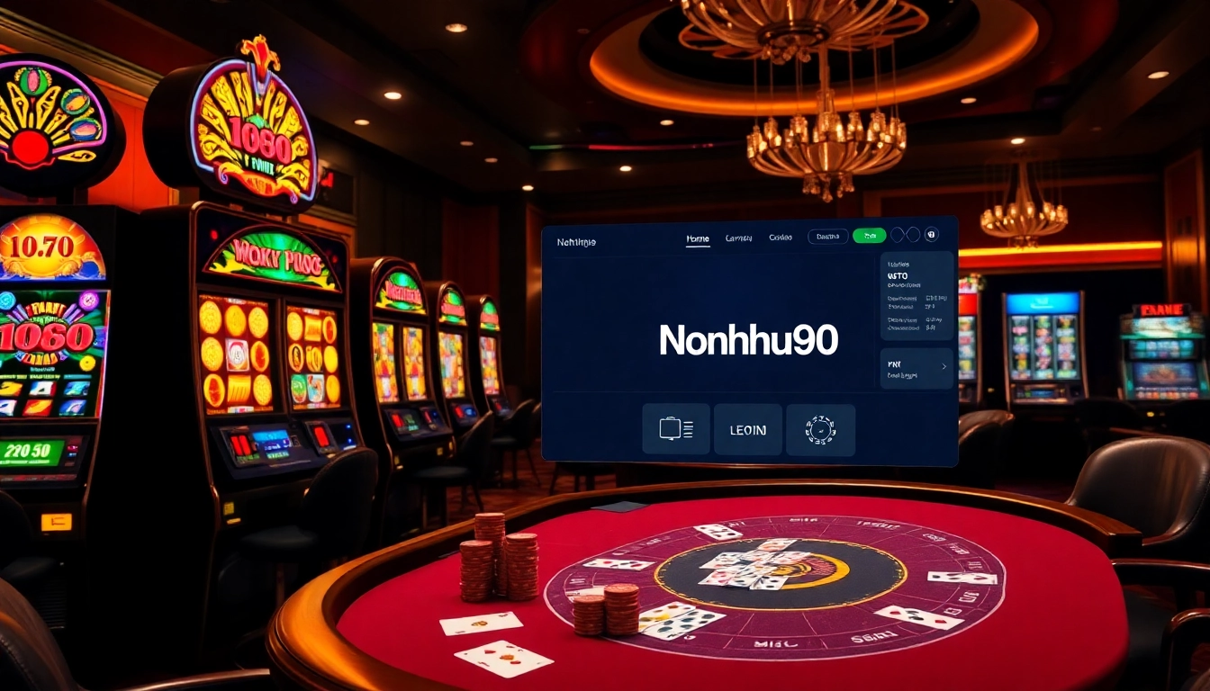 Nohu90 online casino experience with vibrant slot machines and a luxurious poker table.