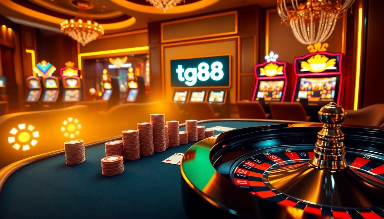 Engaging tg88 casino scene with poker table, roulette wheel, and vibrant slot machines.