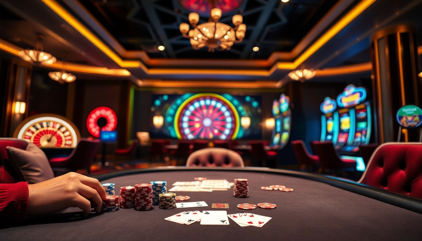 Experience thrilling gambling at ALO 789 không chặn with an elegant poker table and vibrant casino elements.