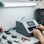 Techniker bei der Schlüsselduplikation für Autos, sehen Sie hier die vielfältigen Schlüsselmodelle und Werkzeuge sichtbar.