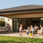 Terrassenüberdachung freistehend im Garten mit Familie und Unterhaltung