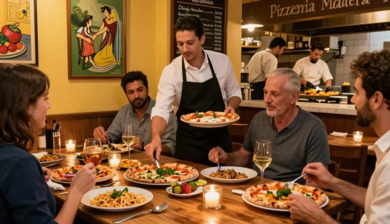 Delightful dining experience at Pizzeria Madera enjoying pg soft beverages and authentic Italian cuisine.