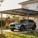 Moderner Carport schützt Fahrzeug in idyllischer Gartenlandschaft mit Familie beim Picknick.