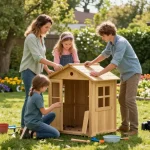 Familie baut ein Gartenhaus Holz im Garten mit Werkzeugen und bunten Blumen.