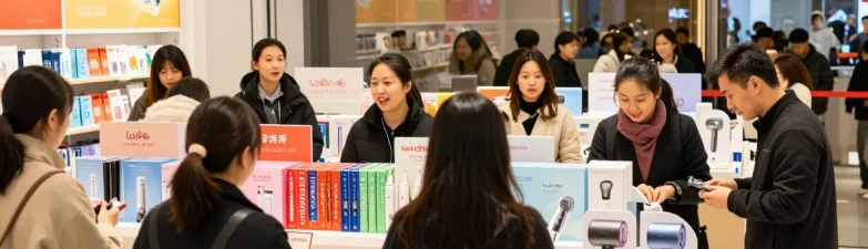 Laifen de Angebote im modernen Geschäft während des Prime Day Sales, Kundeninteraktion und Produkte.