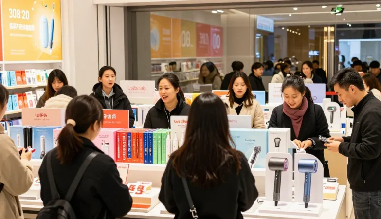 Laifen de Angebote im modernen Geschäft während des Prime Day Sales, Kundeninteraktion und Produkte.