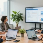 Bewertungsplattform Führung zeigt Team bei der Feedback-Sitzung in modernem Büro.
