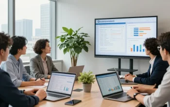 Bewertungsplattform Führung zeigt Team bei der Feedback-Sitzung in modernem Büro.