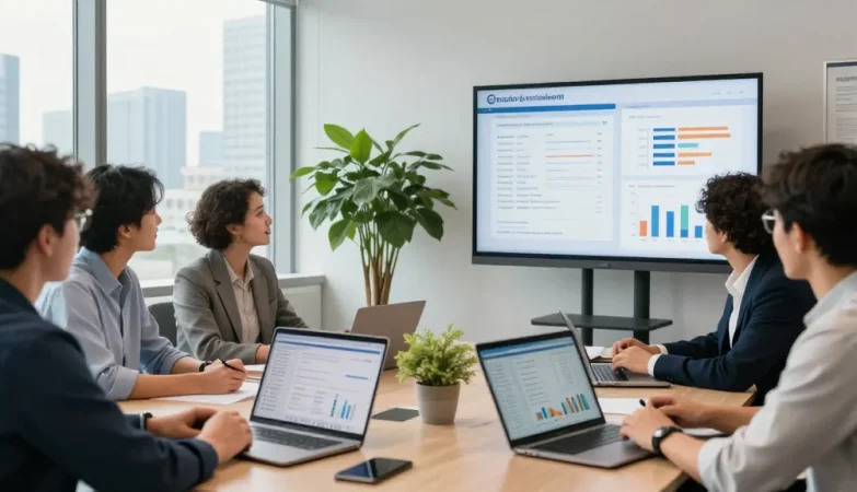Bewertungsplattform Führung zeigt Team bei der Feedback-Sitzung in modernem Büro.